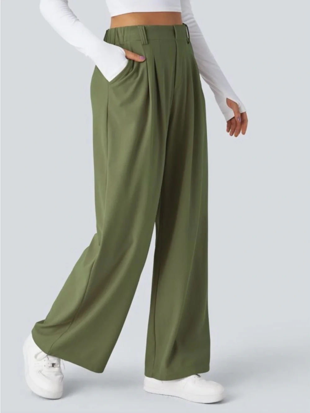 Halara Flex High Waisted Wide Leg Waffle Work Pants Medium Tall Loden Green